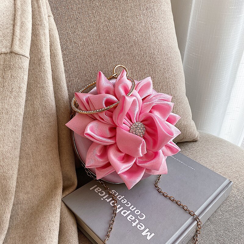 Mild damväska med diamantmetallring pu läderblomma axelväska: Rosa