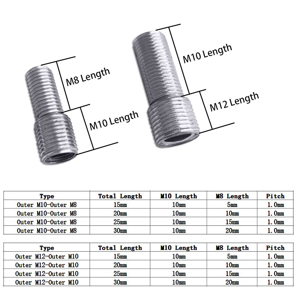 5pcs external teeth conversion screw Outer M12-Outer M10,Outer M10-Outer M8 fine teeth 1.0mm hollow iron pipe tooth tube screw