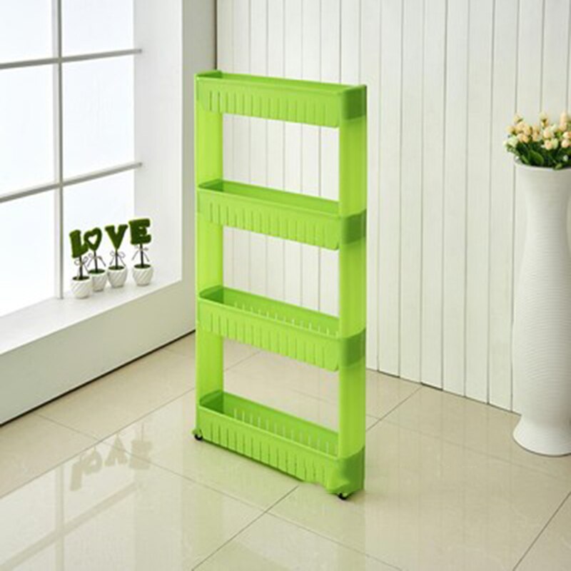 Movable Plastic Interspace Storage Rack Refrigerator Space Rack with Roller Shelves Kitchen Bathroom Strollers Interval 4-layer: green four layers