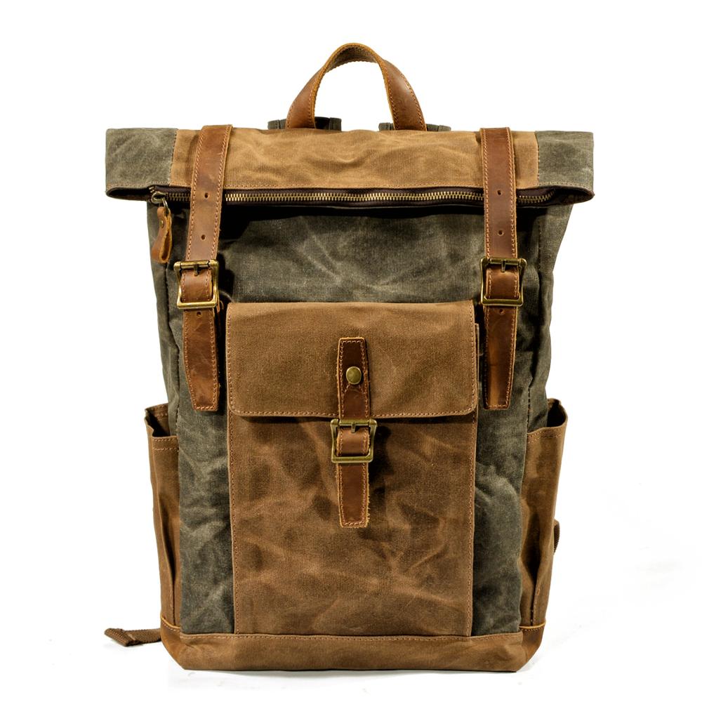 Outdoor Öl Gewachste Leinwand Leder Reise Rucksack männer Luxus Vintage Leinwand Rucksack Große Wasserdichte Rucksack Vintage Tasche: 9120Army Green