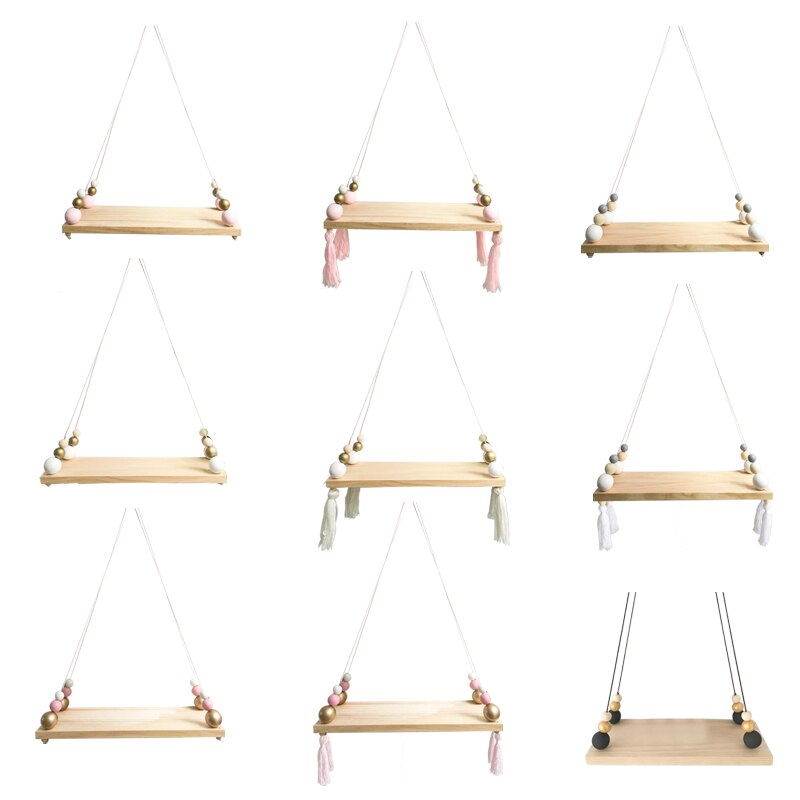 Bedroom Decoration Wall Hanging Ornaments Tassel Beads Pendant Wooden Board Storage Shelf Rack Photo Props Child Kid Room Home