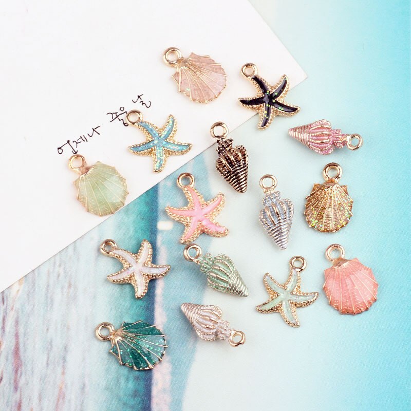 15pcs Cute Starfish Conch Sea Shell Charms Pendants Ocean Style Anklet Bracelet Necklace Jewelry DIY Craft Accessories