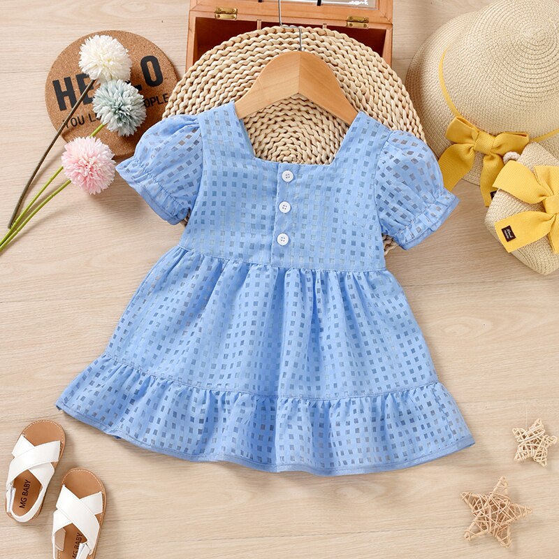 Toddler Baby Girl Mini Dress Short Sleeve Square Neck Solid Hollowed Summer Princess Party Dress Infant Baptism Dress Gown