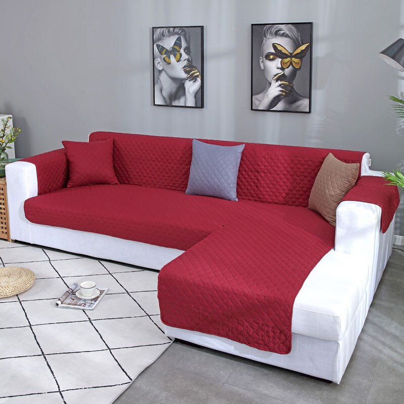 Vattentätt hörnsoffa överdrag för vardagsrum universal l form quiltat sofföverdrag solid sofföverdrag soffskydd 1/2/3/4 sits: Vin, röd / 1 sits (53 x 190cm)