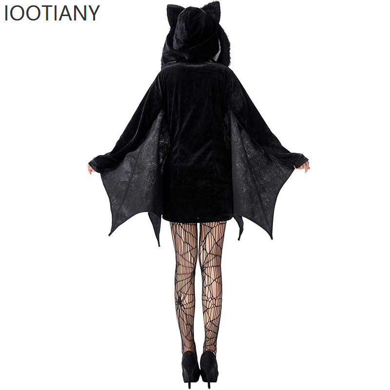 Costume da diavolo di Halloween Gonna da pipistrello malvagio Carnevale gotico Pipistrello da clown da donna Body con cappuccio Set di tute con ali nere per adulti gotiche