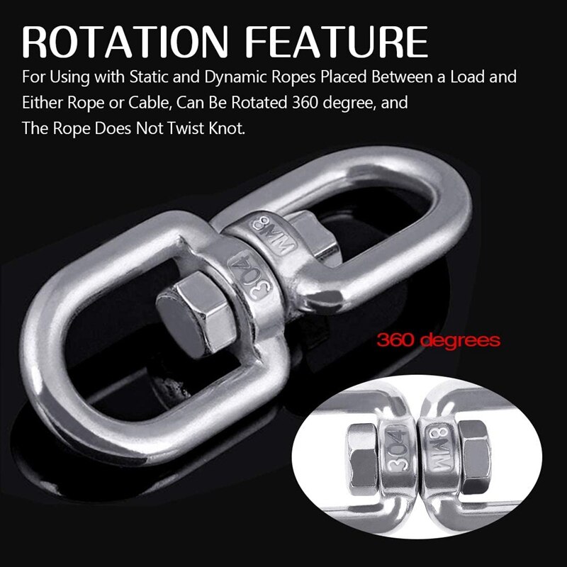 6Pc M8 304 pierścień obrotowy ze stali nierdzewnej podwójnie zakończony obrotowy hak oczkowy M8 karabinek wiszący hamak wiszące urządzenie obrotowe