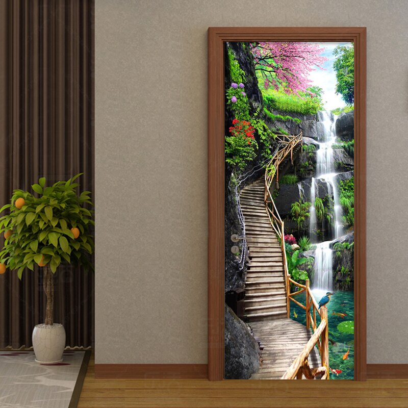 2 Pieces/Set Self-Adhesive Door Sticker 3D Waterfall Landscape Mural Wallpaper Living Room Dining Room Home Decor PVC Stickers