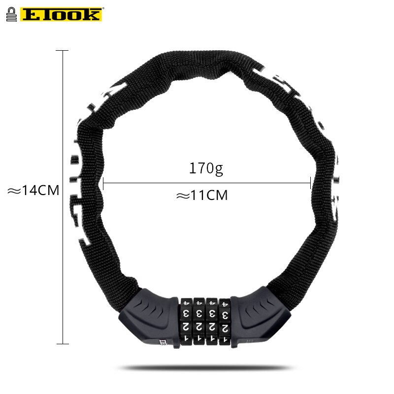 Etook ketjulukko lukko skootteri pyörä lyhyt 45cm kahvilan lukko kannettava salasana digitaalinen ketju maantiepyörälle mtb  et355- s: 45cm- musta  ed3135