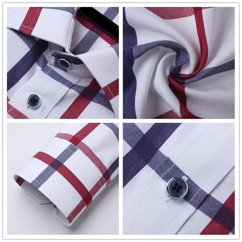 TFETTERS-Camisa a cuadros de algodón para hombre, ropa informal de talla grande, de manga larga, a cuadros rojos y blancos, con cuello vuelto