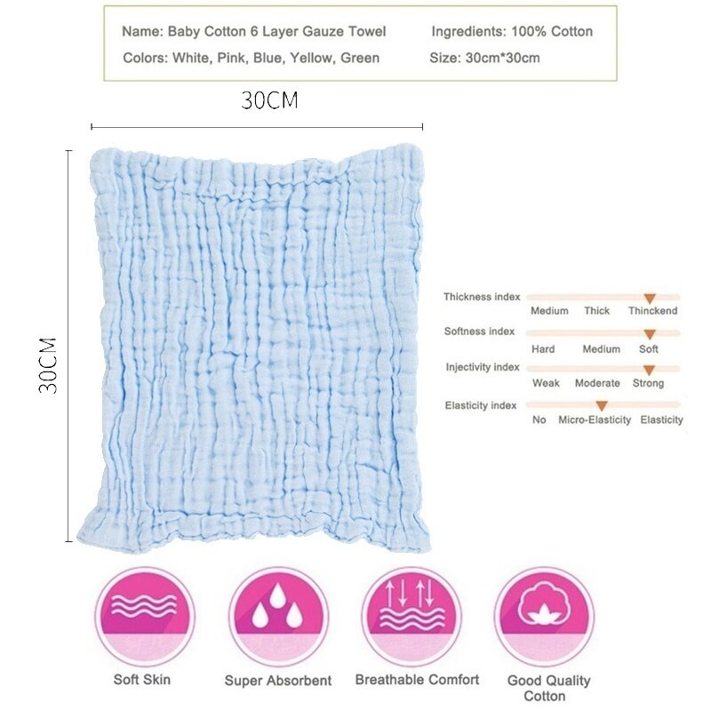 5pcs/set 30*30CM Baby Face Hand Towel 100% Cotton Gauze 6 Layers Infant Wash Cloth Saliva Towel Toddler Face Towel