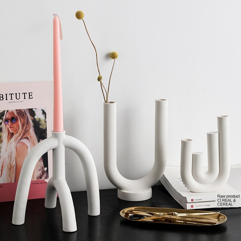 Candelabro de cerámica nórdico, portavelas blanco en forma de U, soporte de vela escandinavo para sala de estar, adorno para el hogar