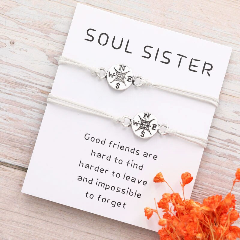 2Pcs/Set Soul Sister Compass Bracelet Friendship Long Distance Compass Charm Couple Bracelet Compass Jewelry Best Friend: Grey