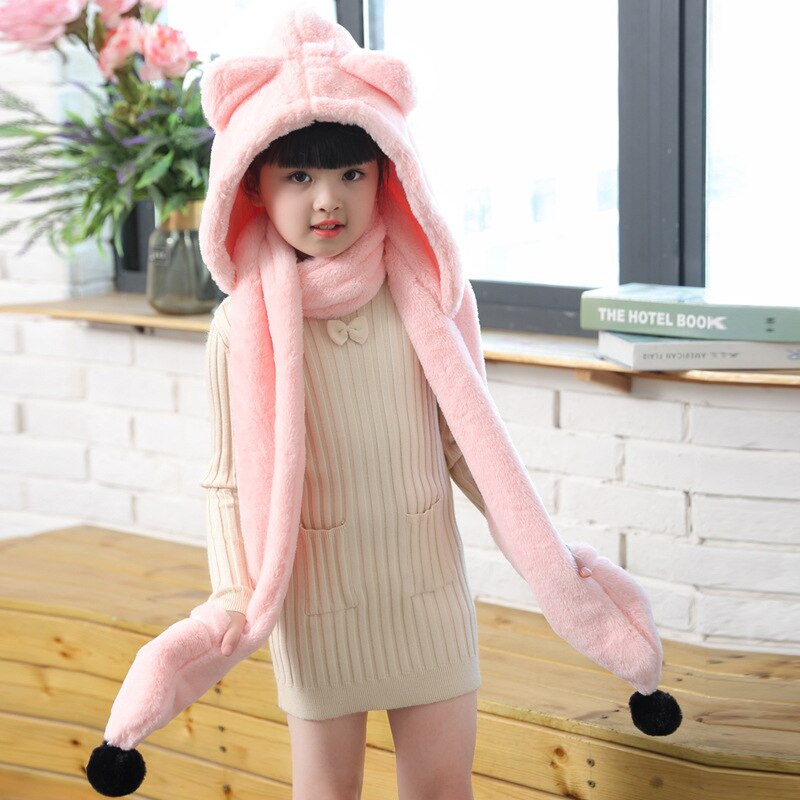Conjunto de gorros y guantes de franela para niños y niñas, bufandas cálidas de invierno con dibujos animados, Unisex, 3 uds.: pink
