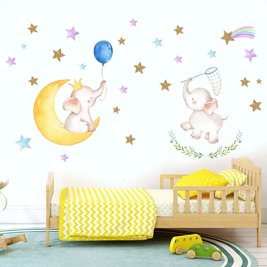 Leuke Cartoon Olifant Nursery Muurstickers Sterren Cloud Kinderkamer Decoratie Baby Home Decoratie Art Decals Animal Wallpaper