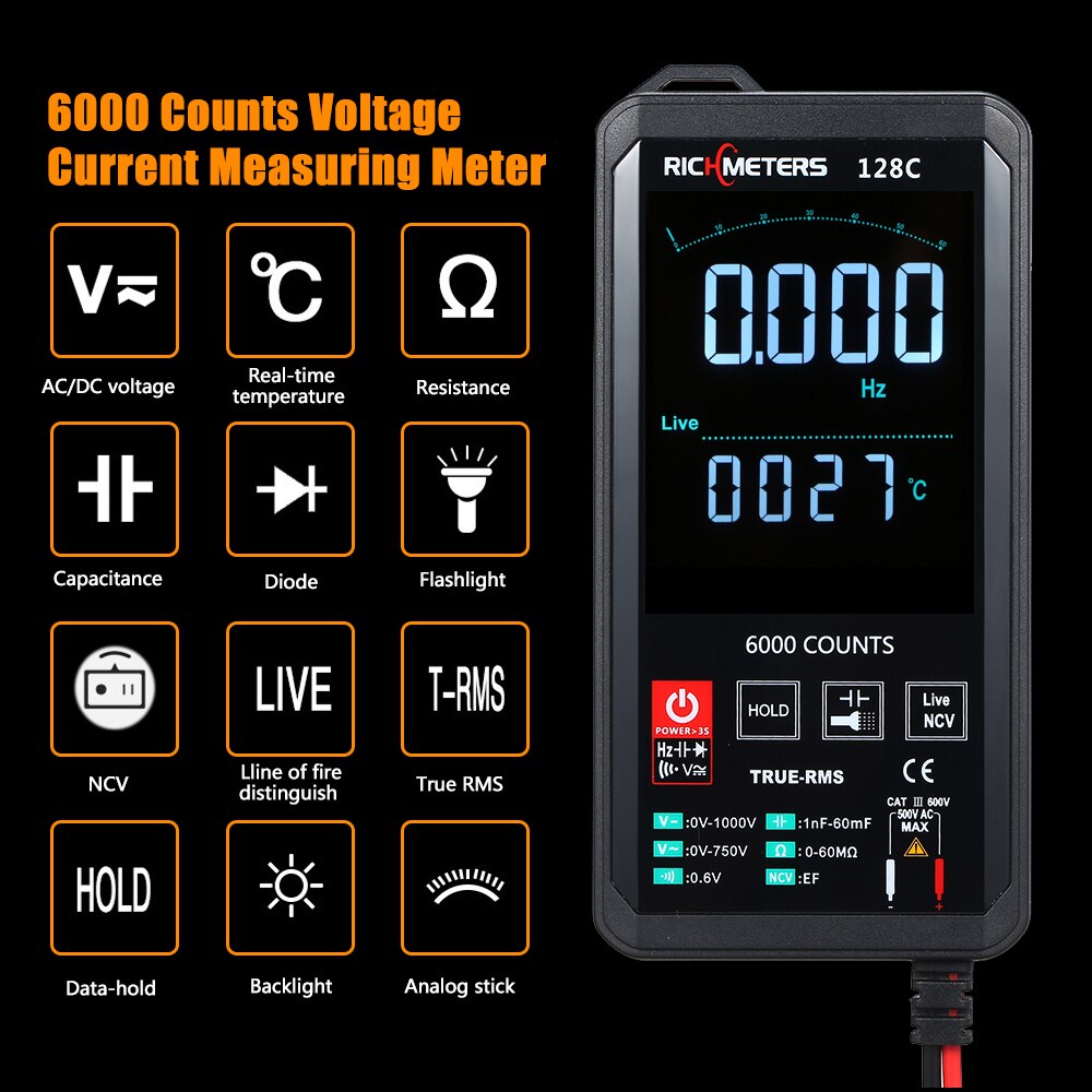 Digital Multimeter 6000 Counts True-RMS Auto Ranging AC/DC Voltage Temperature Measuring Flash Light Backlight Large Screen