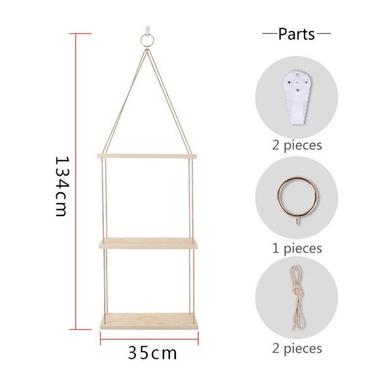 Estante colgante de madera de cuerda hecho a mano, decoración de pared rústica, flotante, madera sólida Natural: Wood Color 3 Tier