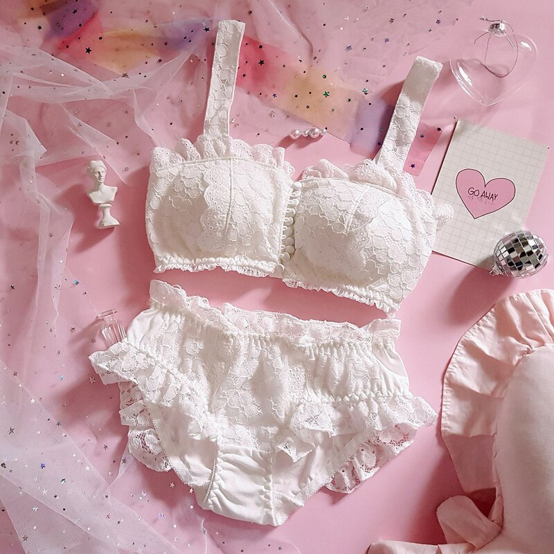 Wriufred Vintage lace bra sets fairy white button without rim lingerie set tube top embroidered underwear ruffled panties suit: XL