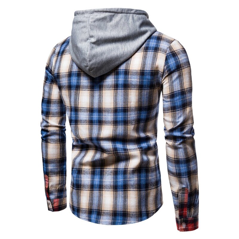 2021New Spring Autumn Hooded shirts men plaid shirt Hip hop High street Patchwork Long sleeve men shirt