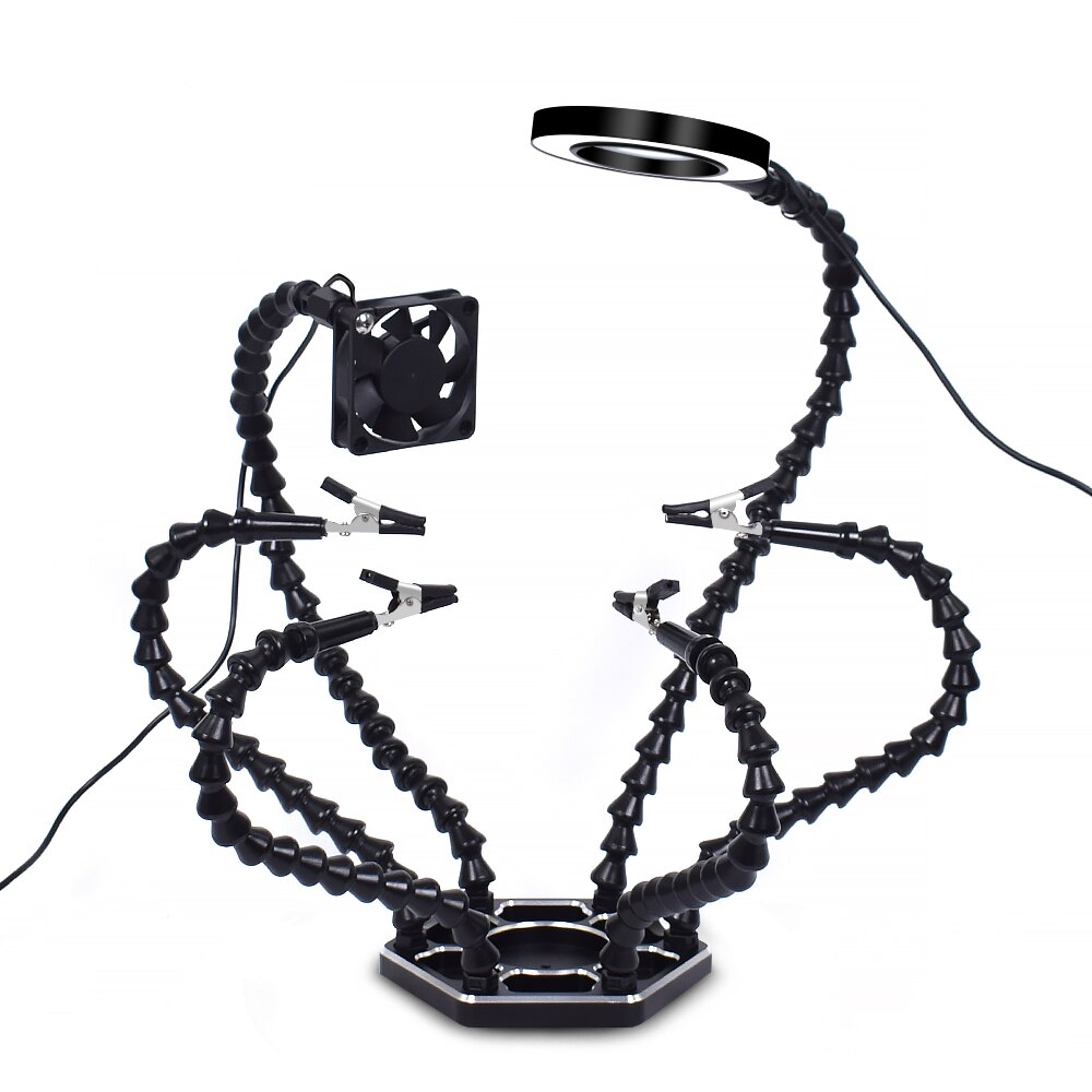 Toolour Helping Hands Third Arm Soldering Work Station 6 Flexible Arms with Precision 360 Degree Alligator Clip USB 3X Magnifier