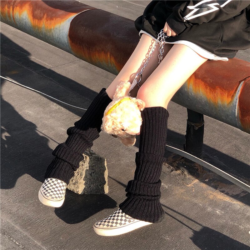 Sfree Punk Solid Black Cool Knit Long JK Socks Women Outdoor Knee High Elastic Leg Warmers Warm Japanese Hip-hop Rock Sock