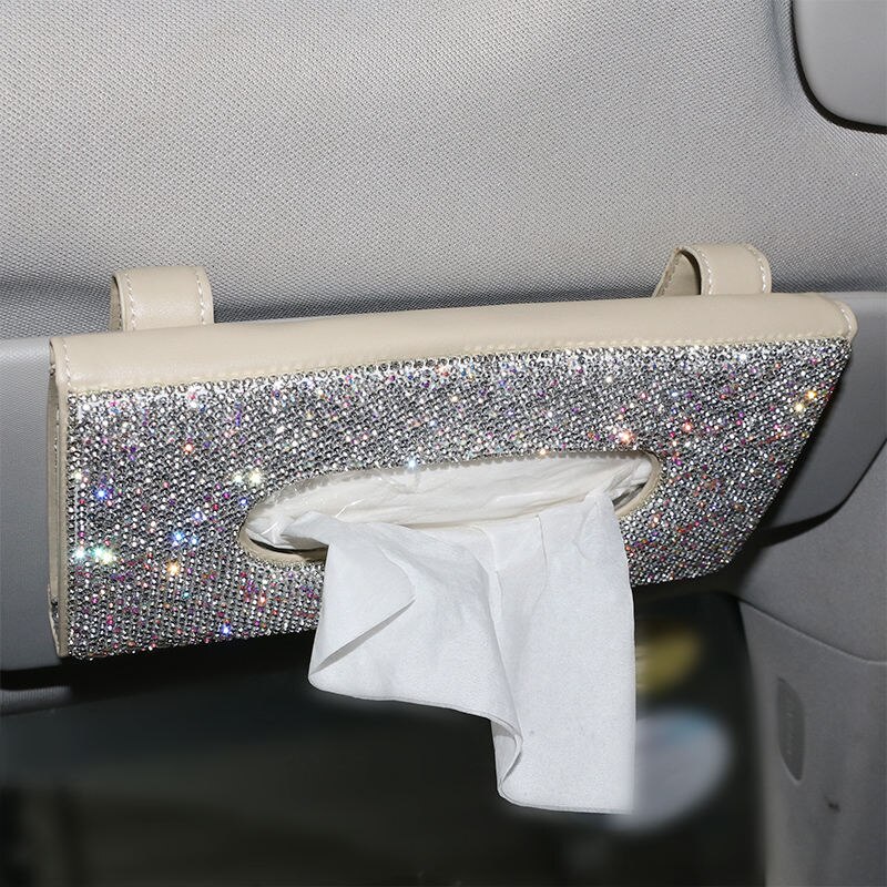 Crystal Diamond Car Tissue Box for Sun Visor Auto Hanging Tissue Box Crown Sunshade Case Auto Car Accessories: beige