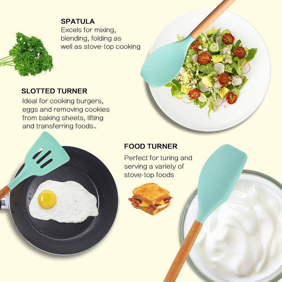 Silicone Cooking Utensils Kitchen Utensils, Acacia Wooden Cooking Tool for Nonstick Cookware - Best Kitchen Gadgets