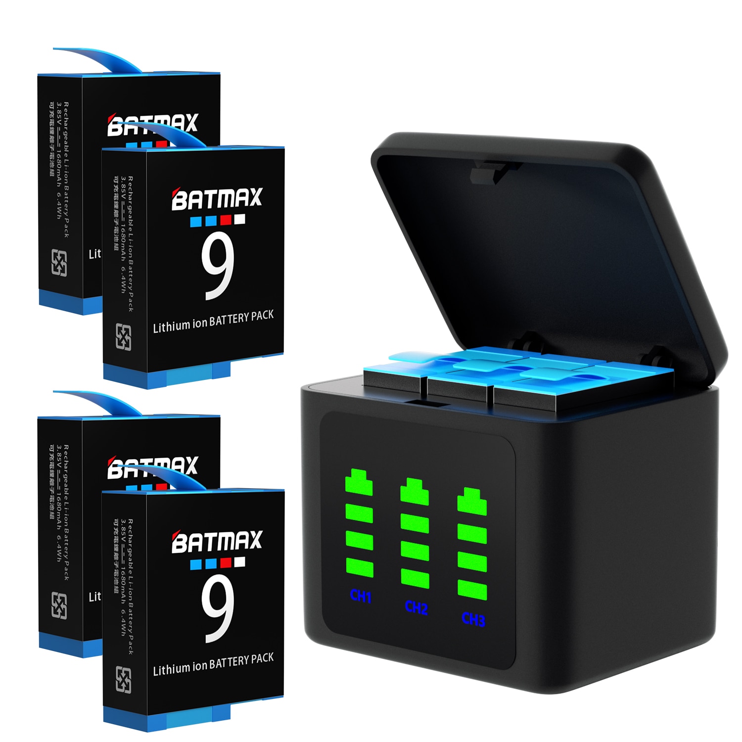 Batmax 1680Mah Batterij Voor Gopro Sport Camera Met Led 3 Slots Lader Voor Gopro Hero 9 8 7 6 10 Camera Accessoires