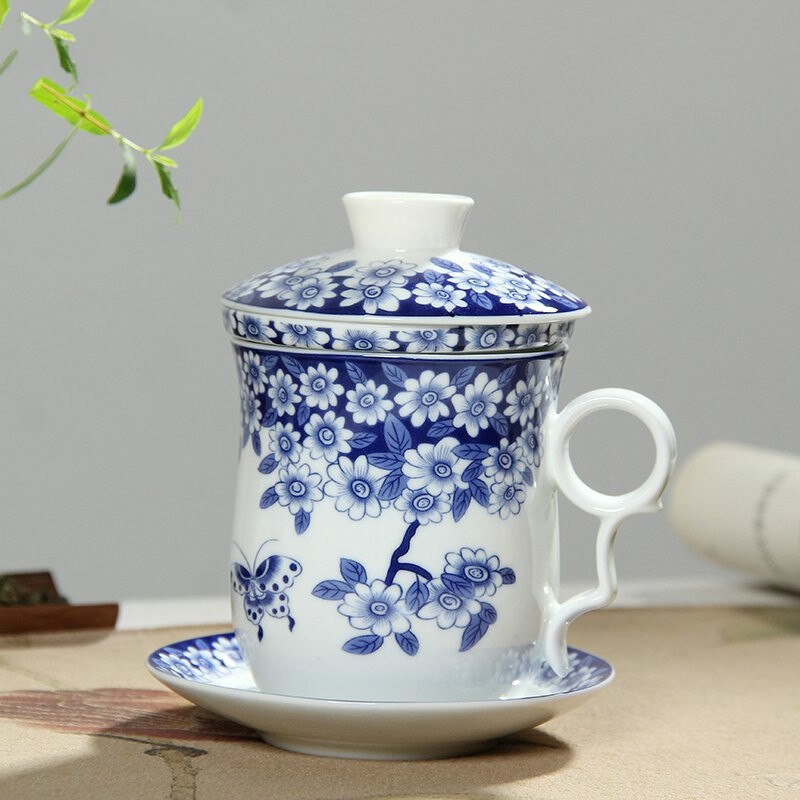 Retro Chinese Blauw Wit Porselein Thee Cup Set Met Schotel Deksel Infuser 260 Ml Keramische Theekopje Met Thee Filter