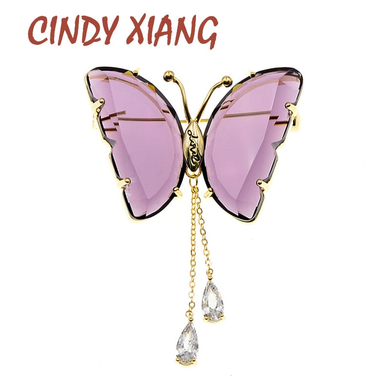 Cindy xiang cor clara cristal borboleta broches para mulher zircon gota de água borla pino broche de cobre jóias 3 cores