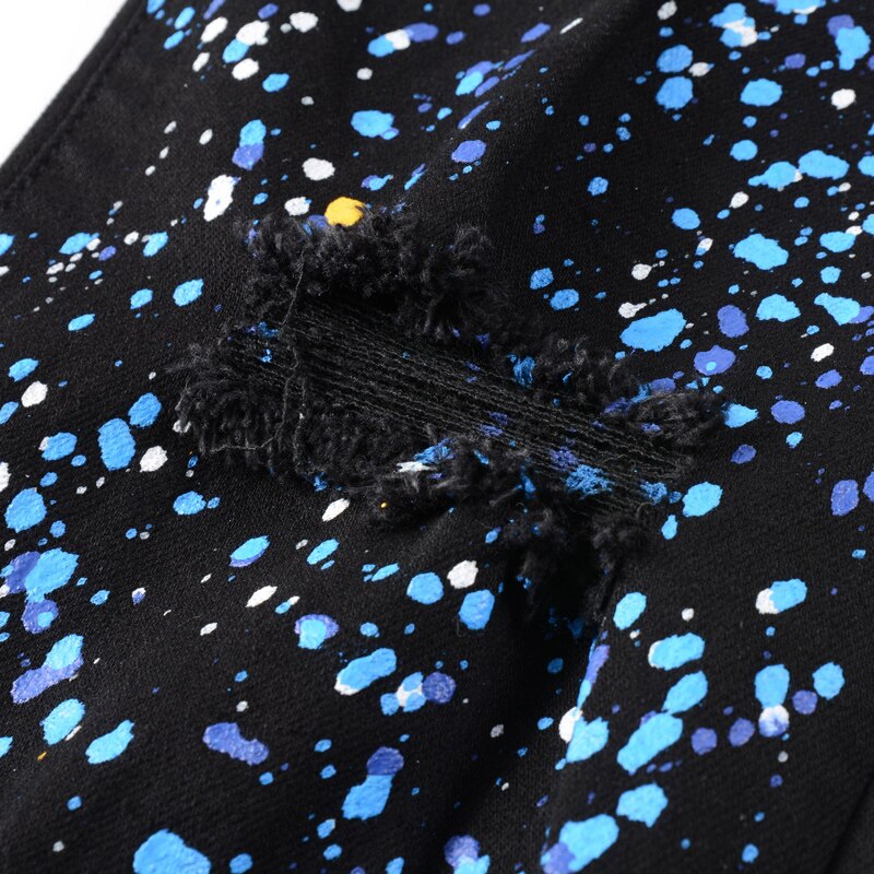 Streetwear Men Jeans Black Color Elastic Slim Fit Ripped Jeans Men Painted Hip Hop Stretch Denim Punk Pants