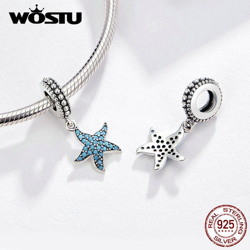 WOSTU Blau Stein Seesterne Schwimm Baumeln Charme 925 Sterling Silber CZ Perlen passen Original Armbinde Anhänger DIY Schmuck FIC1210