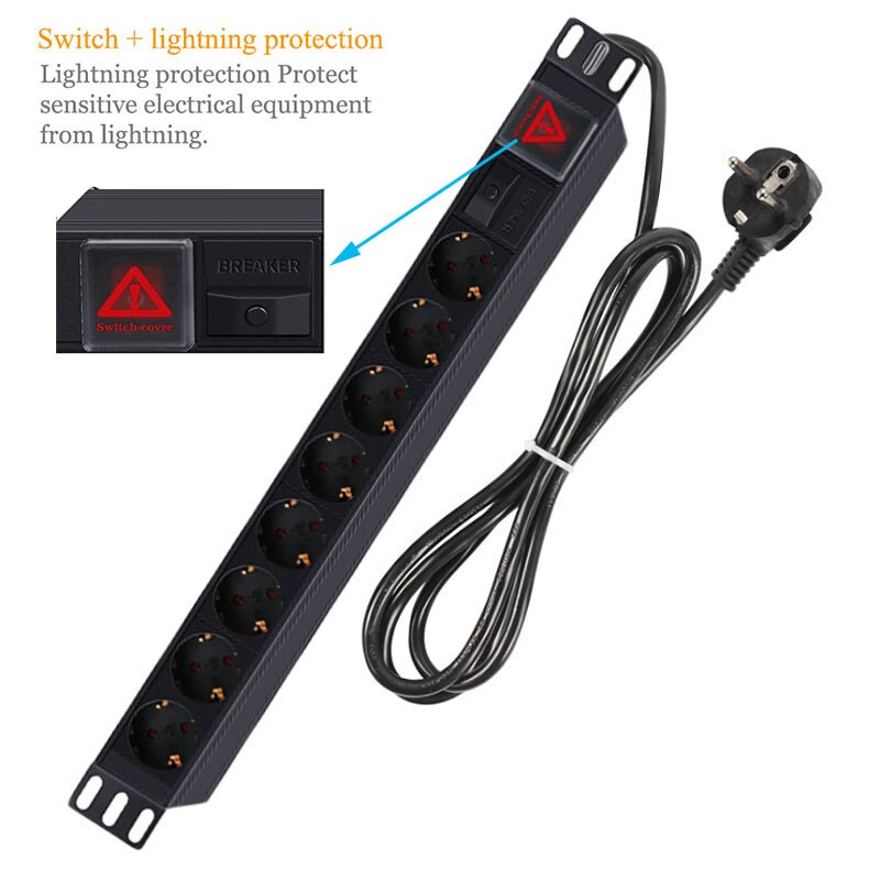 Aluminum Alloy Industrial 19 inch PDU Network Cabinet Rack Power Strip 8AC with Switch European Standard Extension PLUG Socket: BREAKER