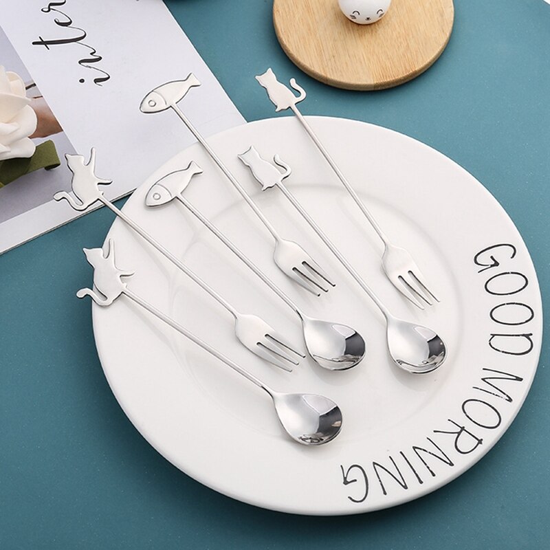 304 Stainless Steel Cat Fish Coffee Spoon Stirring Spoon Cute Dessert Milk Tea Spoon Household Kitchen Coffee Stirring Tableware