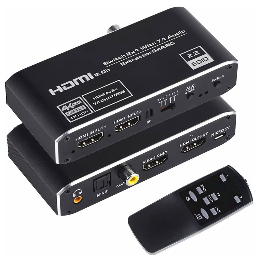 2x1 4K HDMI Switch eARC Audio Extractor With ARC &amp; Optical Toslink HDMI 2.0 Switch 4K 60Hz HDMI Switcher Remote for Apple TV PS4: EU Power Plug