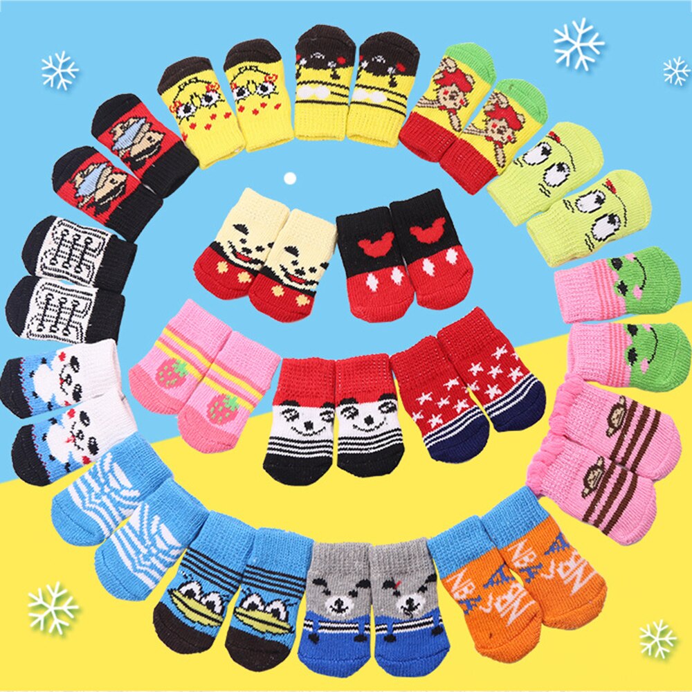 4Pcs Cute Cartoon Pet Socks Dogs Pet Knits Socks Anti Slip Skid Bottom Warm Puppy Shoes Are Soft And Breathable