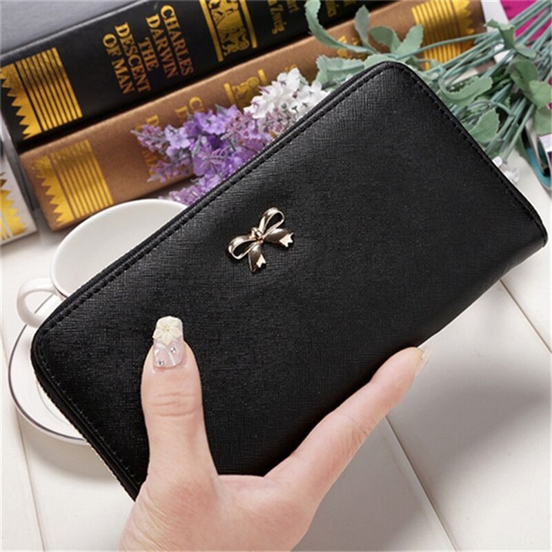 Senhoras bonito bowknot feminino longo carteira portátil bolsa de embreagem 2020 novo telefone bolsa titular do cartão carteira: Black