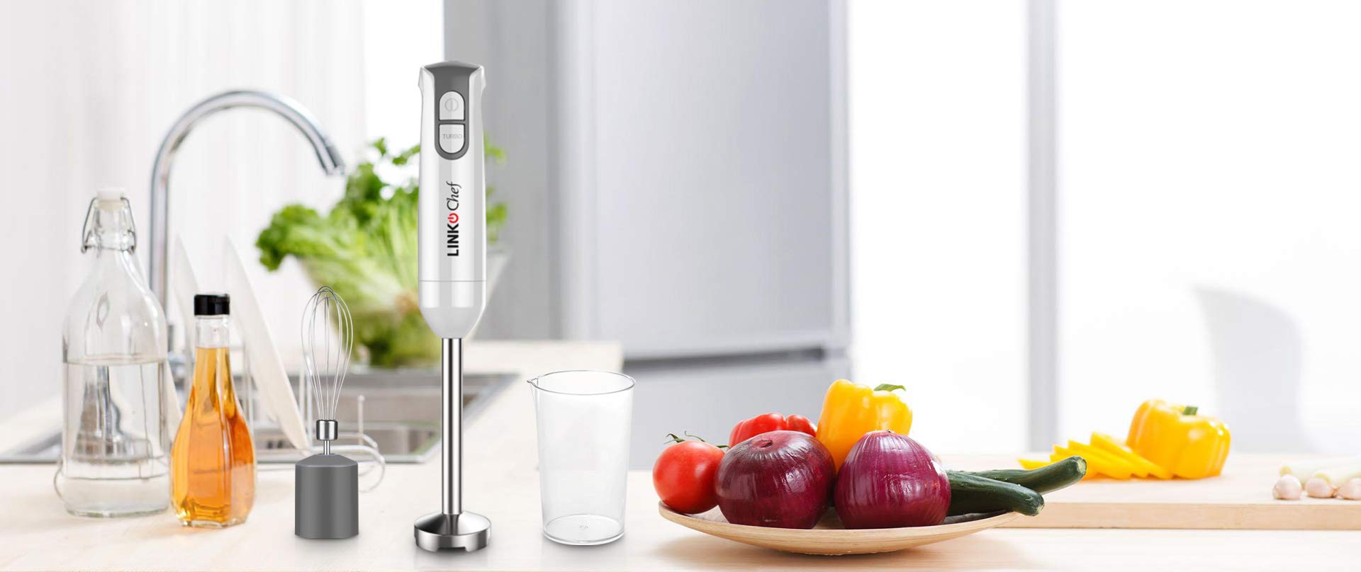 Hand Blender with Beaker Whisk Kitchen Mixer Vegetable Fruit Stirring 400 W 2 Speed Stainless Steel Blades White Grey
