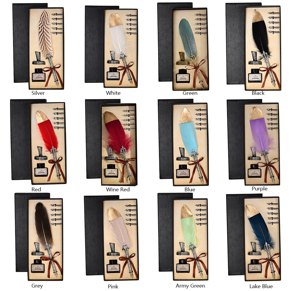 1 Set Vintage Calligraphy Feather Dip Pen Writing Ink Quill Fountain Pen