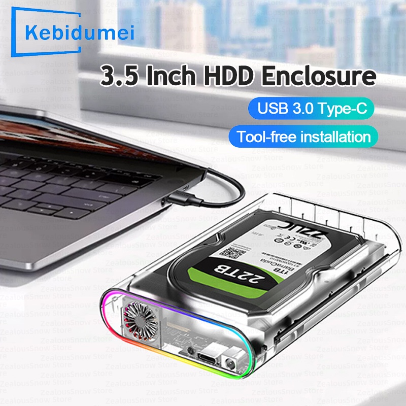 2.5/3.5 Inch RGB SATA HDD Case SATA to USB 3.0 Type C Transparent SSD Adapter External Storage Hard Support 28TB Disk Drive Box
