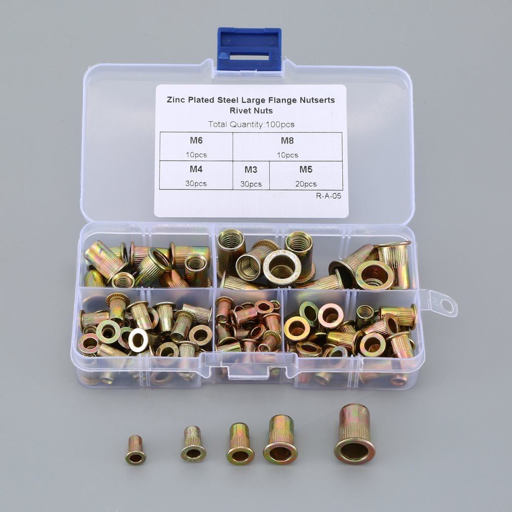 100pcs Zinc Plated Steel Large Flange Nutserts Rivet Nuts Insert Stainless Steel Nutsert Cap Assortment Kit