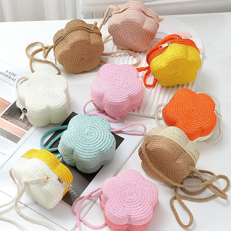 Handgemaakte kinderen meisjes schoudertas bloem stro babytassen messenger bag kinderen sleutels portemonnee schattige prinses mini handtas