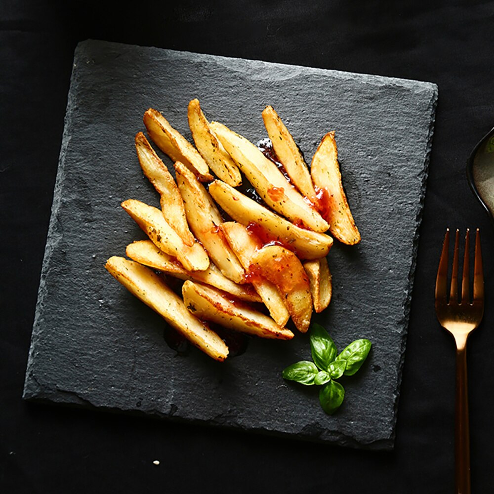 1Pc Natural Slate Plate Restaurant Steak Sushi Display Dish Black Slabstone Barbecue Pan Banquet Plate Serving Dish (25cm Round)