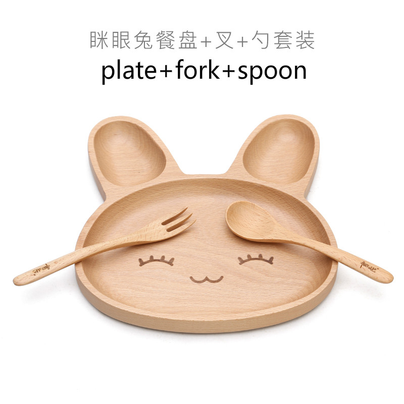 Wooden Divisions Compartment Plate Safe Healthy Cartoon Kids Tableware Rice Tray Breakfast Dinner Environmental: set