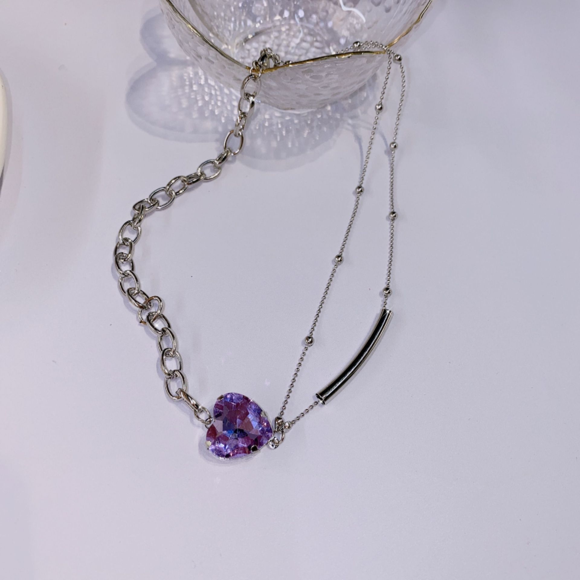 Chique liefdes-strass hart choker ketting voor vrouwen zilverkleurige sleutelbeen schakelketting choker sieraden bedel ketting: Default Title