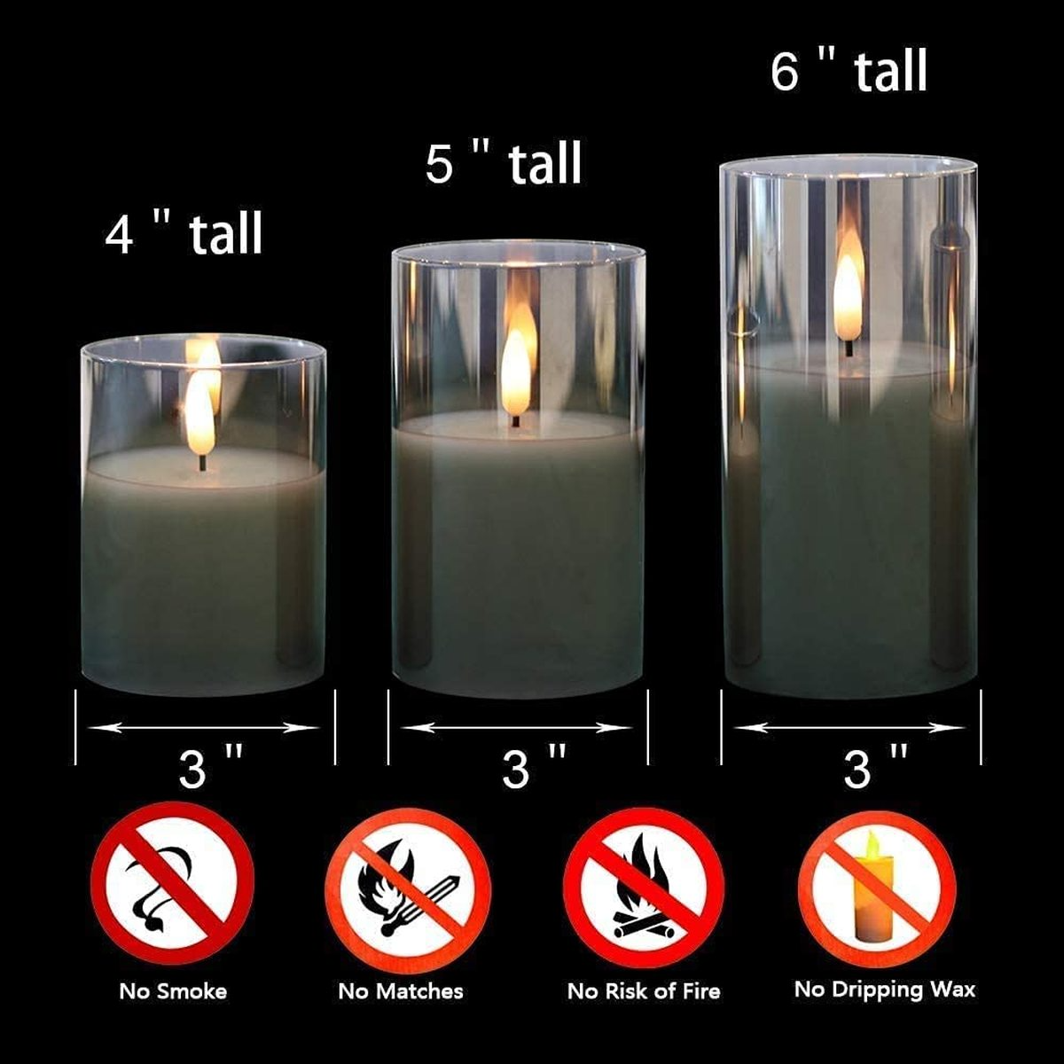 3Pcs Golden Gray Authentic Flame Flickering LED Candle Light Glass Jar Wax Indoor Electronic Remote Control Candle Warm Light