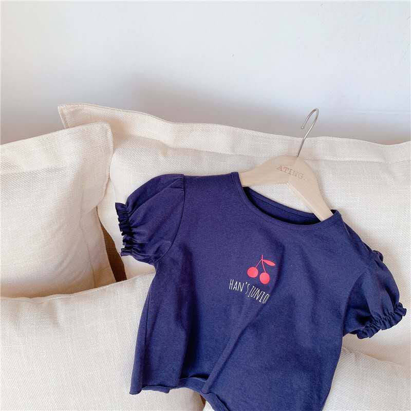Kinderkleding Zomer Meisjes Koreaanse Zomer Print Cherry Korte Mouwen T-shirt: Blauw / 90cm