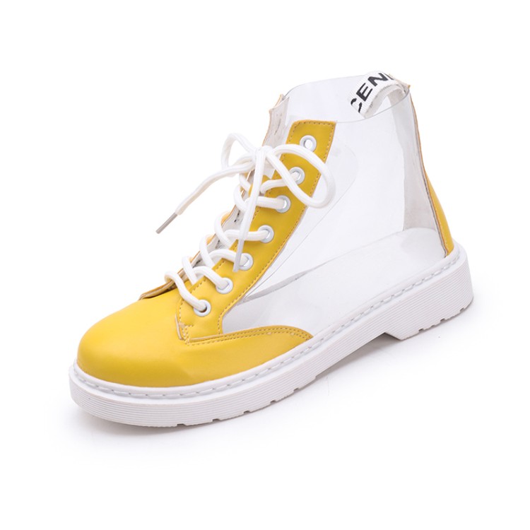 Bottes de pluie transparentes fujin pour femmes, bottines imperméables, chaussures en gelée d'eau, bottines à lacets: Jaune / 6.5