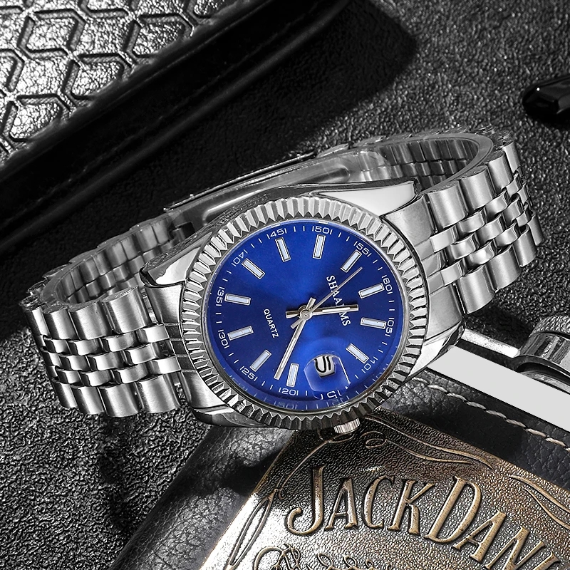 Horloges Heren Topmerk Luxe Blauw Horloge Kalender Met Roestvrij Stalen Band Business Quartz Horloge Relogio Masculino