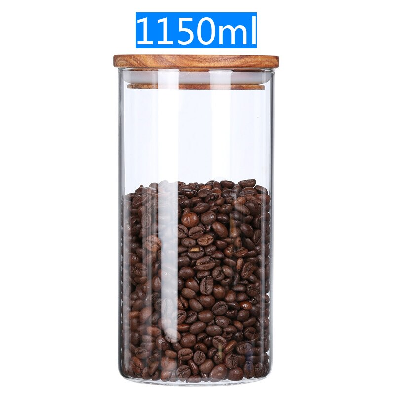 storage tank tea pot Glass sealed jars Food storage tank moisture-proof and insect-resistant high-grade acacia wooden lid: 1150 ml