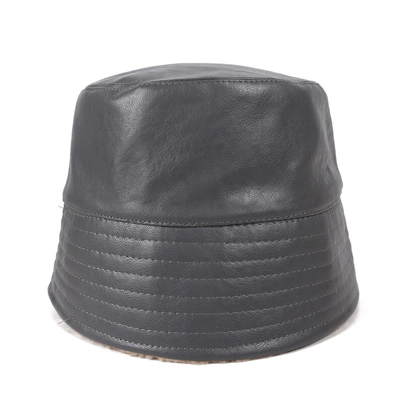 Efterår vinter mænd kvinder pu læder bøttehat kvindelig japansk fiskerhat bob drenge piger varm plus fløjl panama